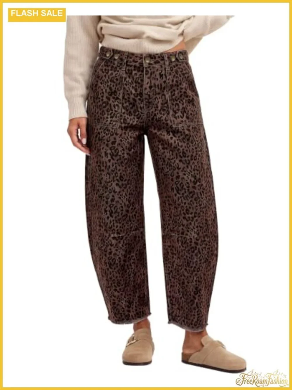 High Rise Barrel Jeans Women Frayed Hem Leopard Print Wide Leg